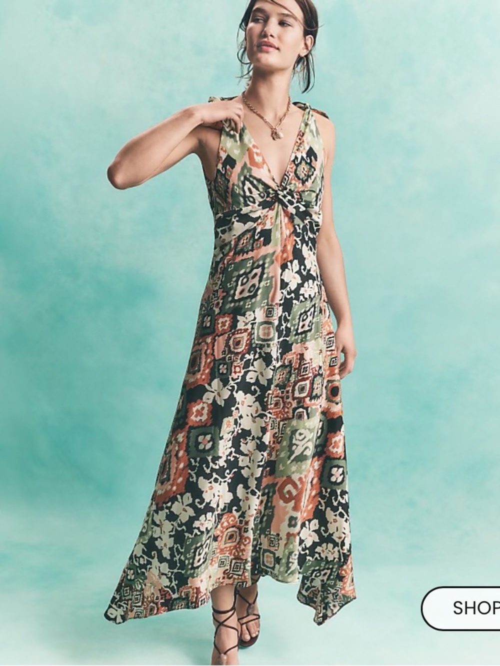 LOFT Green and Rust Patchwork Midi Dress